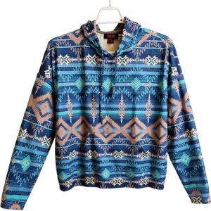 Rock & Roll Denim Aztec Print Hoodie Blue Tan Pullover Size XL